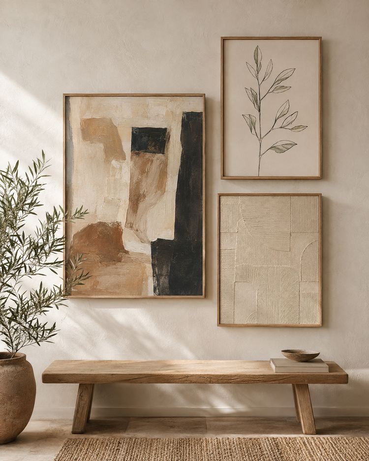 Three original framed artworks arranged above a timber bench