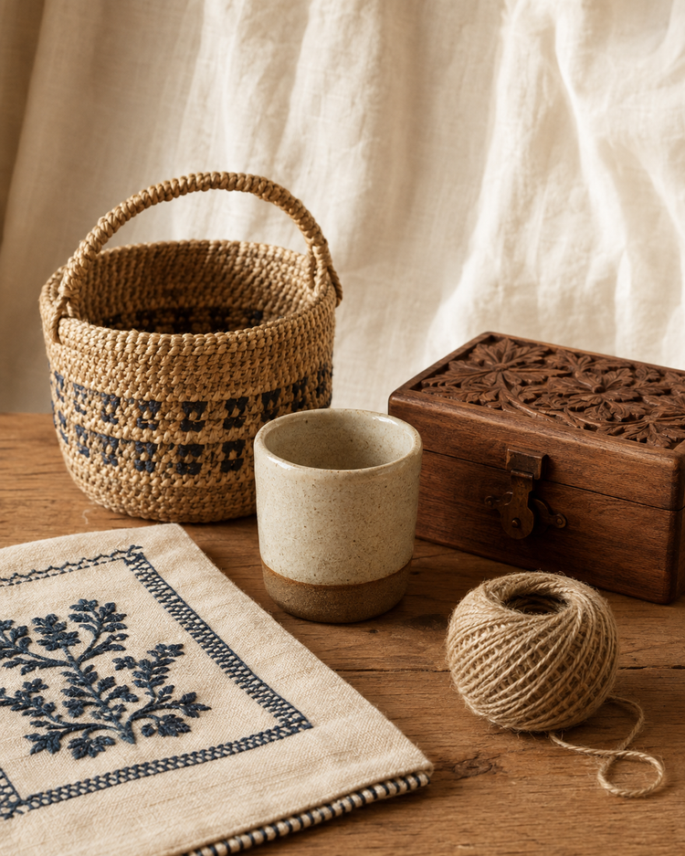 Handwoven basket, ceramic cup, carved wooden box and embroidered textile