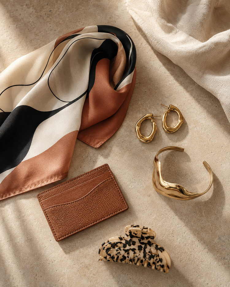 Silk scarf, earrings, bracelet, card holder and handmade hair clip