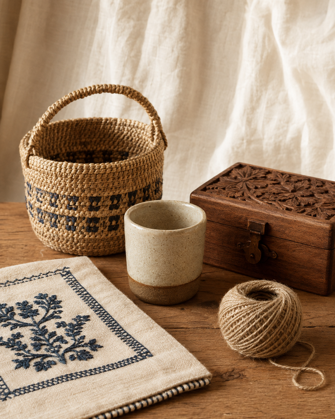 Handwoven basket, ceramic cup, carved wooden box and embroidered textile