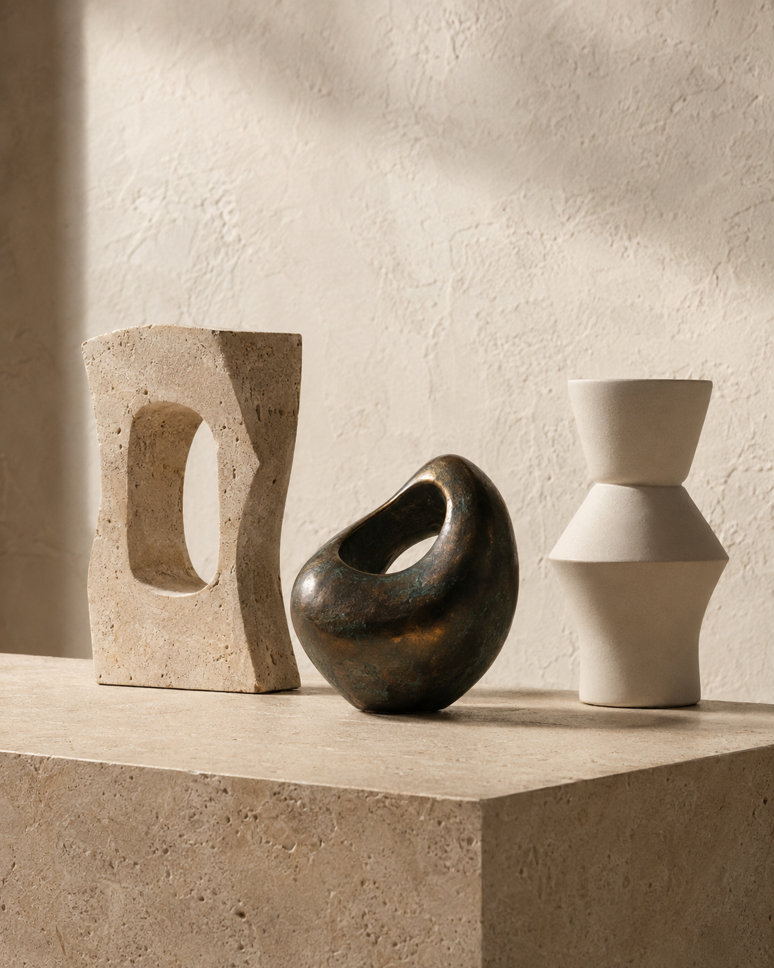 Three abstract decorative sculptures on a warm stone pedestal