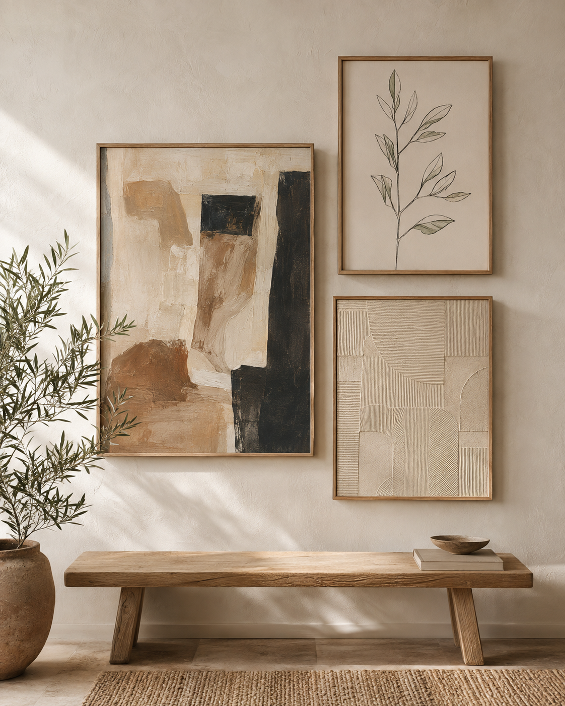 Three original framed artworks arranged above a timber bench