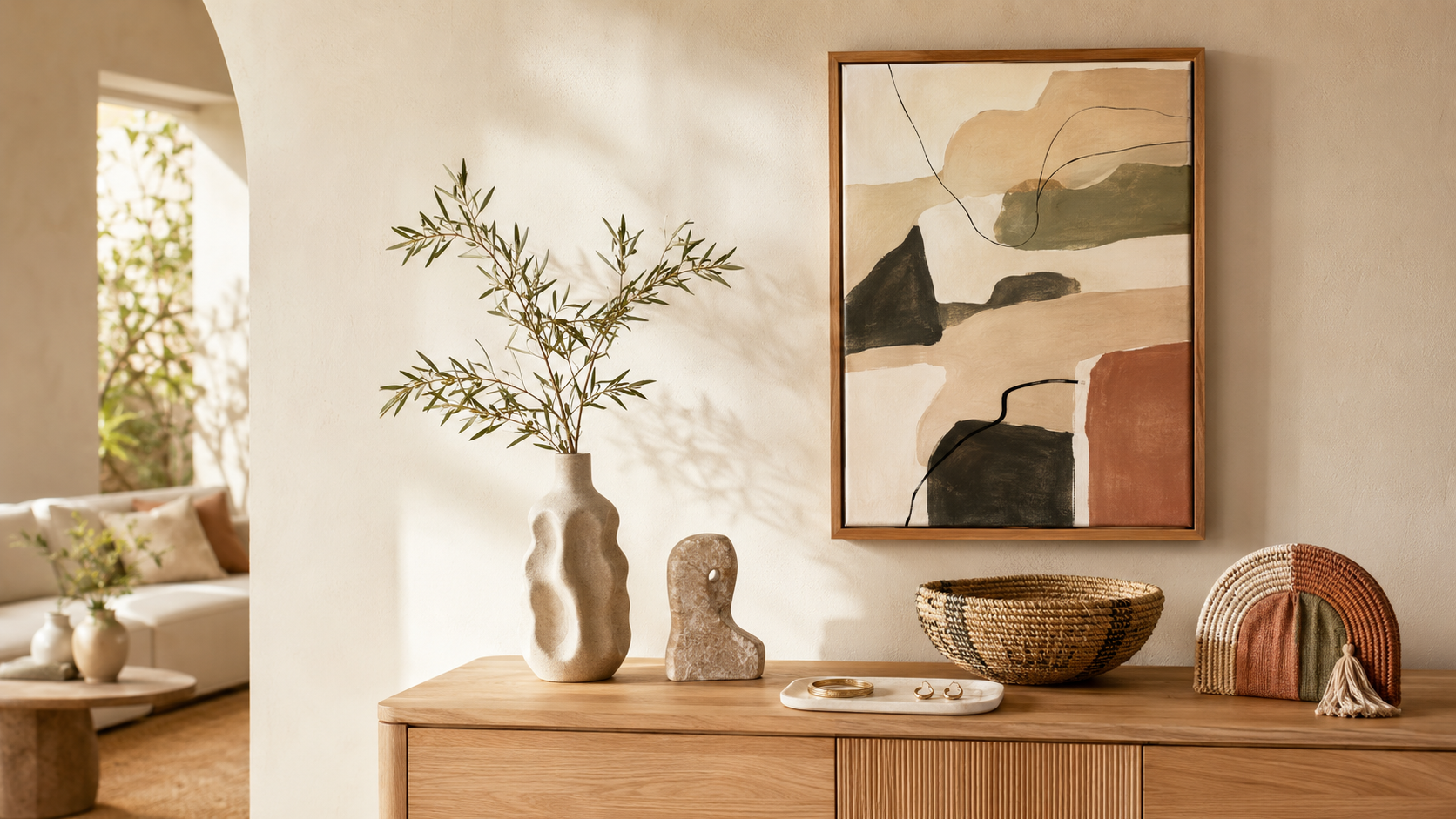 Curated wall art, sculpture, home decor and accessories in a warm contemporary interior